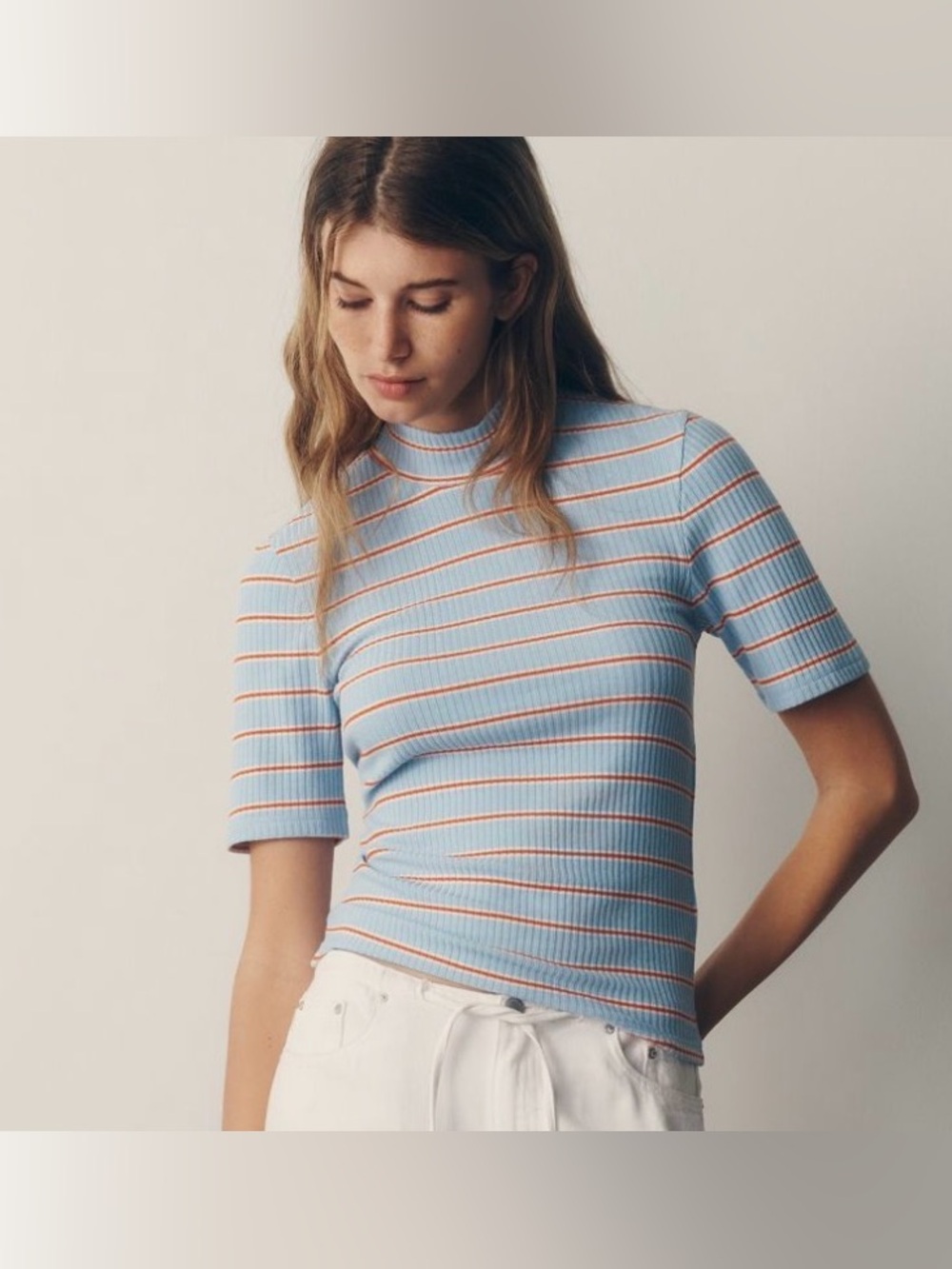 NWT Anthropologie Ribbed Mock Neck Top Light Blue & Orange Striped SZ SMALL